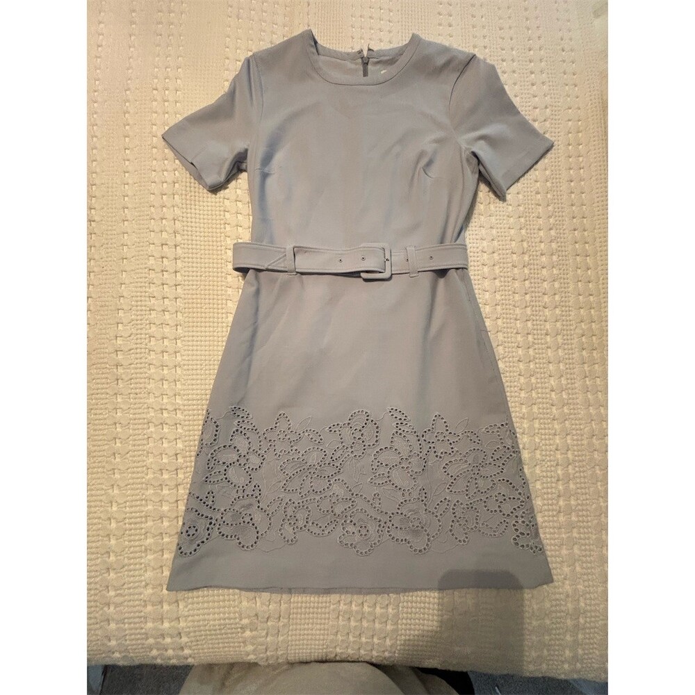 Club Monaco Dress Womens Size 4 Light Blue Belted Sheath Eyelet Hem